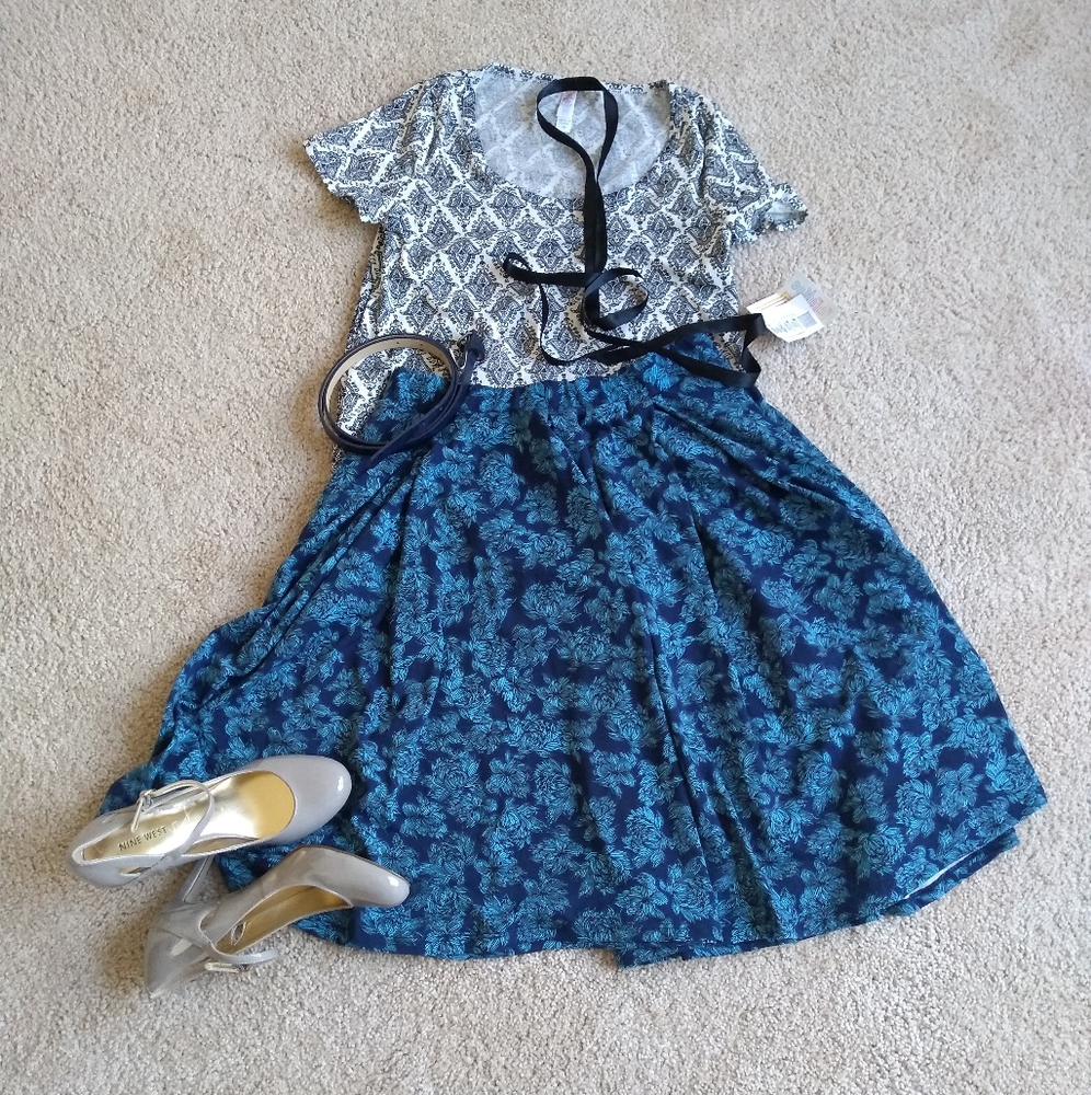 Lularoe Madison Skirt- blue on blue floral, small